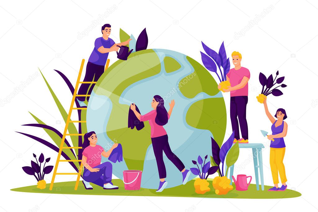 People take care of green Earth planet. Vector flat cartoon illustration for Save the Earth Day. Environment, ecology, nature protection abstract concept. Eco-friendly lifestyle.