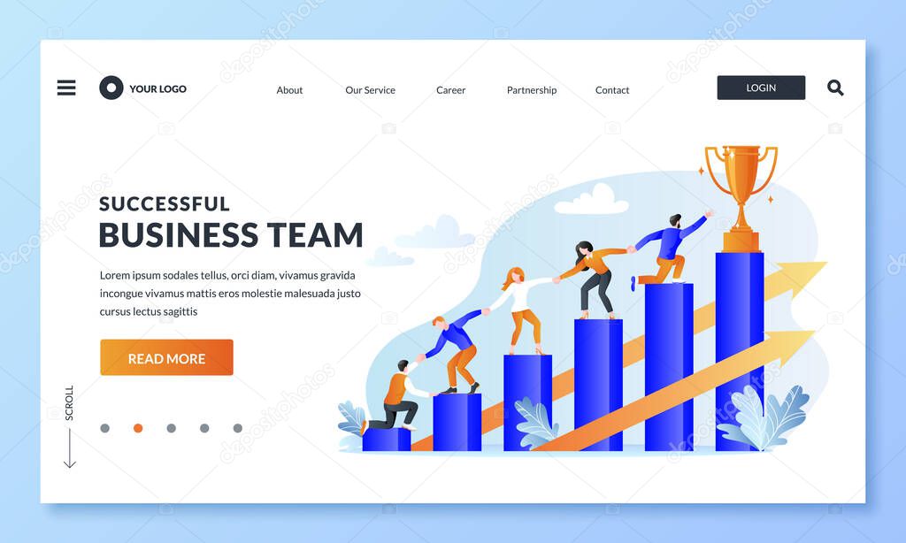 Successful teamwork and support of team leader. People climb diagram chart for the prize, business metaphor. Vector flat illustration. Partnership, goals achievement and leadership concept.