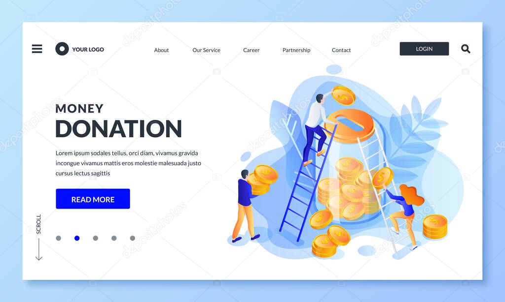 Money donation concept. Vector 3d isometric illustration. People putting money to glass bank. Economy, deposit for retirement, charity or crowdfunding landing page, banner or poster design template.