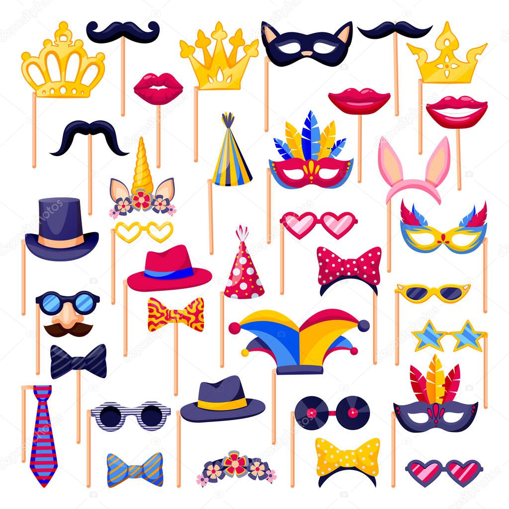 Party photo booth set, isolated on white background. Vector flat cartoon icons. Collection of costumes, birthday or wedding decoration props. Funny celebrating accessories.