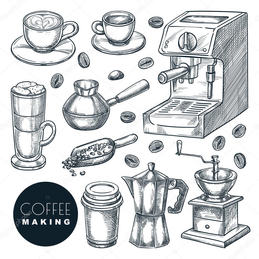 Coffee making icons set. Vector hand drawn sketch illustration. Cup with hot drinks, espresso, cappuccin and latte, isolated on white background. Cafe menu, vintage labels or packaging design elements