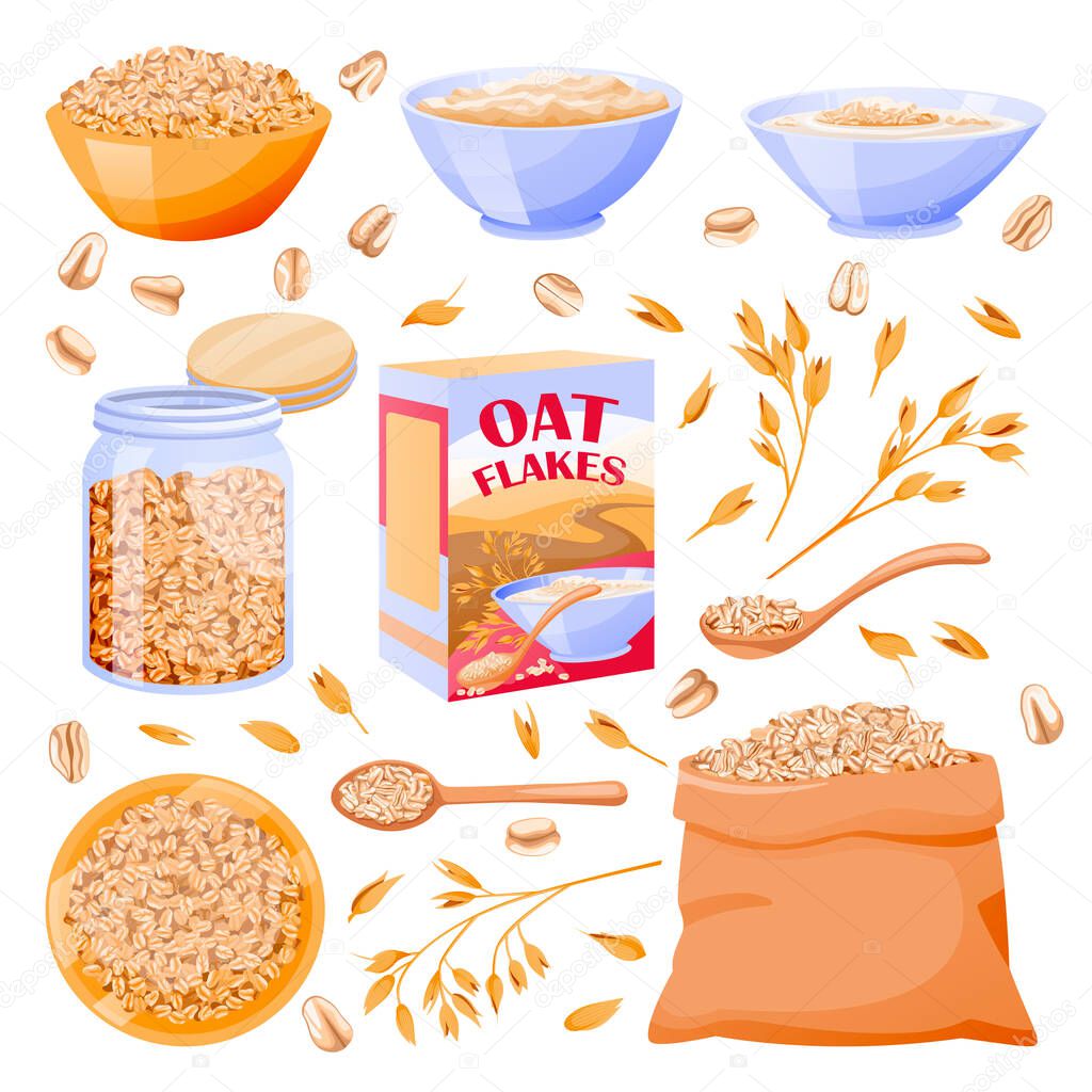 Oats cereal ears, grain in sack. Oatmeal porridge in glass jar and bowl. Vector flat cartoon illustration. Breakfast food design elements, isolated on white background