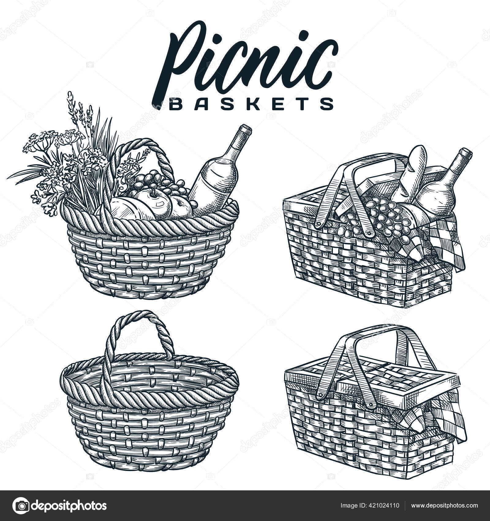 Picnic Baskets Set Isolated White Background Vector Hand Drawn Sketch Stock Vector Image by