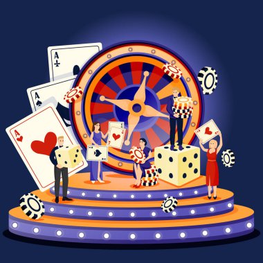 Kumarhane ruleti ve kumar oyunları konsepti. Poker fişleri ve zarları olan insanlar. Vektör düz çizgi film karakterleri çizimi. Smokinli erkekler, gece elbiseli kadınlar kumarhane oyunları oynayarak zaman harcıyor.
