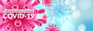 Telif uzayı olan koronavirüs yatay mavi pankart. COVID-19 enfeksiyonu ve salgın konsepti. Vektör 3 boyutlu soyut virüsler. Poster, başlık veya kapak tasarım şablonu.