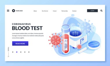 Pozitif ya da negatif koronavirüs kan testi. Örnek laboratuvar şişesi, santrifüj ve covid-19 virüslerinin vektör 3 boyutlu izometrik çizimi. Tıp laboratuarı araştırma ve hastalık tanısı konsepti