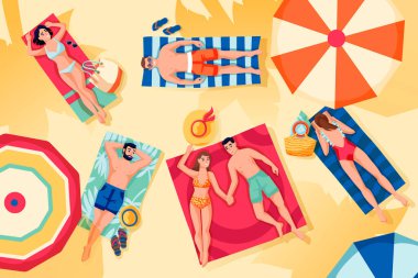 İnsanlar yalan söyler, rahatlar ve kumsalda güneşlenirler. Vektör üst görünüm illüstrasyonu. Düz çizgi film genç erkek ve kadın karakterleri ve tatil köyü tasarım elemanları. Yaz tatili, tatil, tatil konsepti.