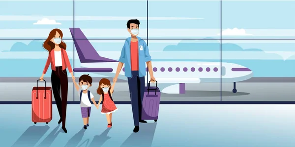 Havaalanı Terminalinde Maskeli Iki Çocuklu Bir Aile Vektör Çizimi Coronavirüs — Stok Vektör