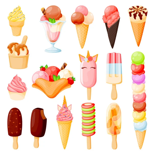 Barevná Sada Ikon Zmrzliny Vektorové Kreslené Jídlo Ilustrace Letní Sbírka — Stockový vektor