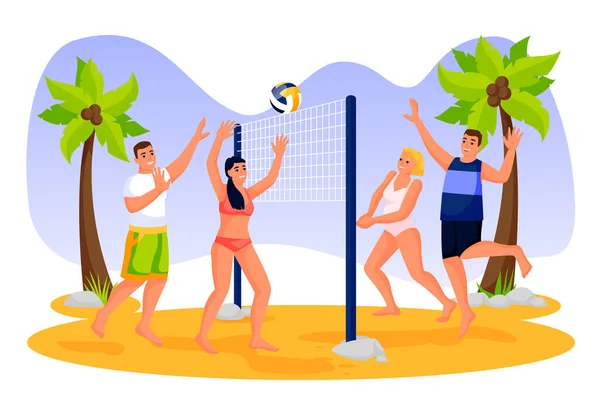 Freunde Spielen Beachvolleyball Vector Flache Zeichentrickfiguren Illustration Freizeitaktivitäten Sommer Und — Stockvektor
