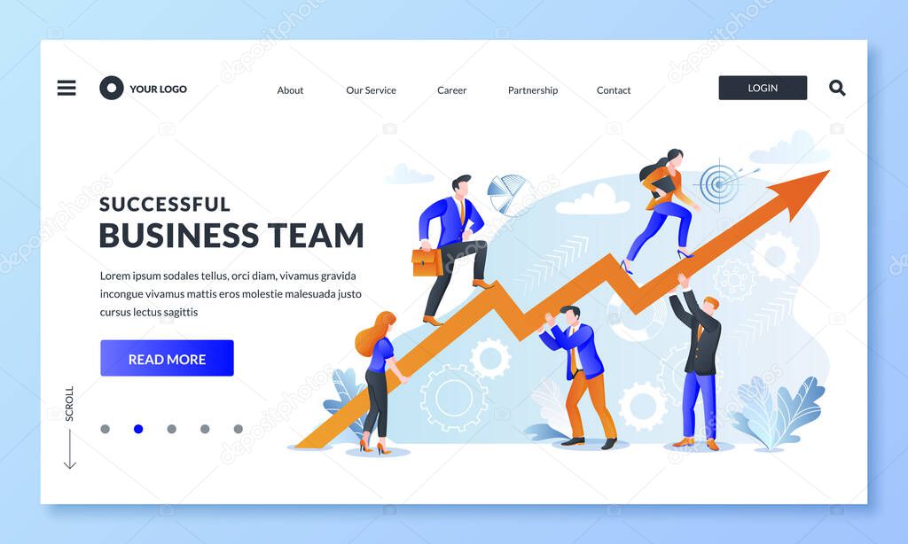 Teamwork, support and partnership concept. People climb arrow graph, business metaphor. Vector flat cartoon men and women characters. Abstract landing page illustration.