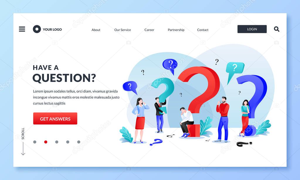 Frequently asked questions, FAQ, answers and problem solutions concept. Miniature people with question marks, business metaphor. Vector flat cartoon characters. Abstract landing page illustration