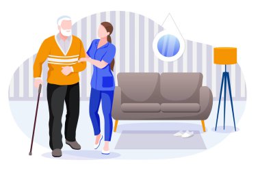 Yaşlılar için evde bakım hizmeti. Hasta bakıcı ya da gönüllü işçi yaşlı engelli bir adamla ilgileniyor. Vektör düz çizgi film karakterleri ve oda içi çizimler. Sağlık ve Sosyal Destek Konsepti