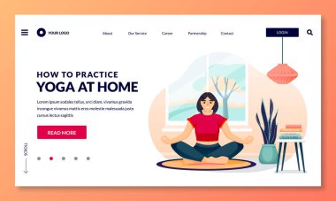 Evde yoga egzersizi ve meditasyon. Genç kadın rahat bir odada lotus pozisyonunda oturuyor. Vektör düz çizgi film karakteri çizimi. Sağlıklı yaşam tarzı ve evde dinlenme zamanı