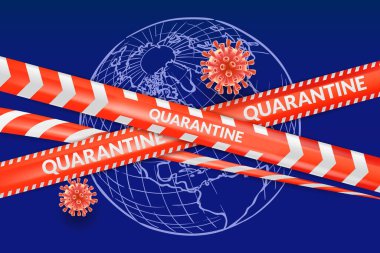 Coronavirus salgını ve küresel karantina kavramı. Kırmızı uyarı bandının vektör çizimi, virüs enfeksiyonu covid-19 robot resim arka planında. Poster ya da afiş tasarım şablonu
