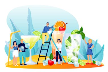 Tropik kokteyller. Vektör düz çizgi film karakterleri çizimi. Genç mutlu erkek ve kadınlar mojito, margarita ve tekila kokteyli hazırlıyorlar. Yaz plajı bar partisi konsepti.