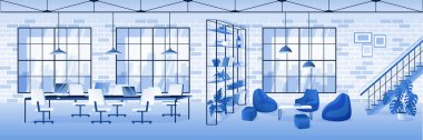 Boş çağdaş ofis iç yatay arka planı. Vektör çizimi. Modern çalışma alanı tasarımı. Odada kimse yok. İş gününün sonu ya da şirket kapatma kavramı.