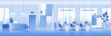 Boş, çağdaş ofis içi. Vektör çizimi. Yatay mimari arka planı mavi renkte. Odada kimse yok. İş gününün sonu ya da şirket kapatma konsepti. Modern çalışma alanı tasarımı