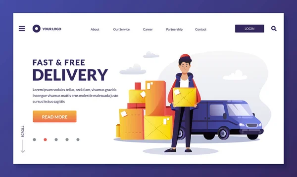 Home Delivery Service Banner Ontwerp Sjabloon Koerier Heeft Pakketje Jongeman — Stockvector