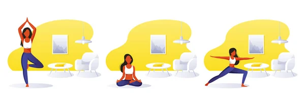 Inicio Yoga Ejercicio Práctica Meditación Mujer Joven Haciendo Yoga Habitación — Vector de stock