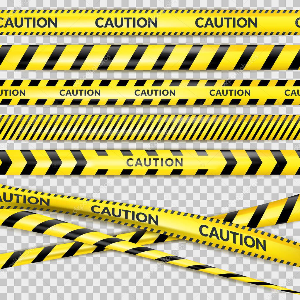 Caution security tape on transparent background. Vector 3d realistic illustration of protective danger line. Reconstruction or maintenance, safety barrier design elements. Warning sign concept.