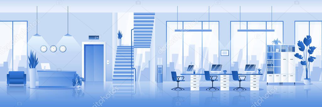 Empty contemporary office interior. Vector illustration. Horizontal architecture background in blue color. No people in room. End of business day or company closure concept. Modern workspace design