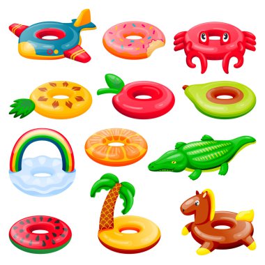 Havuz şişirilebilir halkalar ayarlandı. Erkekler ve kızlar komik oyuncaklar yüzdürüyor. Vektör çizimi. Yaz sahili çocukları eğlence öğeleri. Uçak, donut, gökkuşağı, avokado, beyaz arka planda izole edilmiş karpuz.