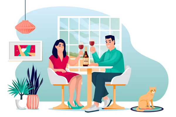 若いカップルは家にいて テーブルで赤ワインを飲んでいます 男性と女性のロマンチックなランチやディナーがあります ベクトルフラット漫画の家族のキャラクターイラスト 家のコンセプトでの関係 — ストックベクタ