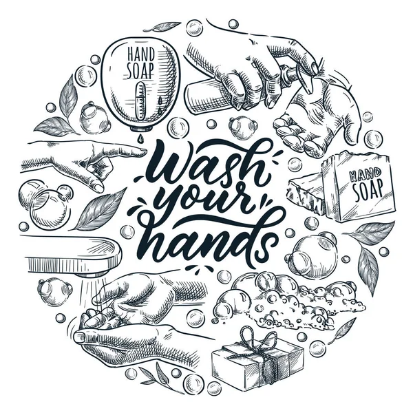 Wash Your Hands Calligraphy Lettering Poster Banner Label Design Template — Stock Vector