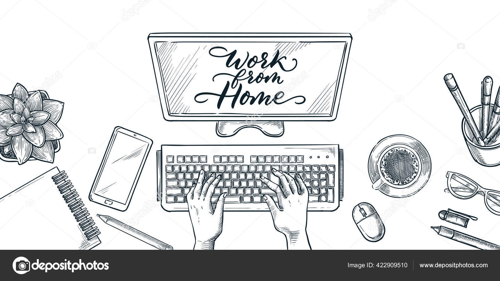Human Hands Typing Keyboard Vector Sketch Top View Illustration Work Stock Vector Image By C Qualitdesugn 422909510