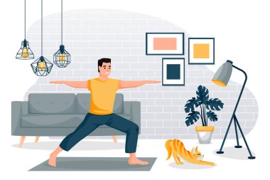 Adam savaşçı pozunda duruyor. Virabhadrasana pozu. Evde yoga egzersizi. Erkek ve kırmızı kedi modern çatı katında eğitim görüyor. Vektör karakterler çizimi. Sağlıklı yaşam tarzı ve evde dinlenme zamanı