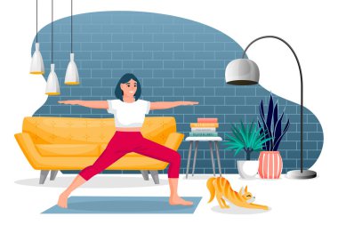 Savaşçı pozunda duran kız virabhadrasana. Evde yoga egzersizi. Modern odada kadın ve kırmızı kedi eğitimi. Vektör karakterler çizimi. Sağlıklı yaşam tarzı ve evde dinlenme zamanı