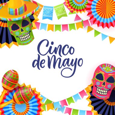 Cinco de Mayo fiesta, kare pankart ya da poster tasarımı şablonu. Vektör düz çizgi film çizimi. Beyaz arkaplanda yazı ve Meksika ulusal sembolleri bulunan hediye kartı