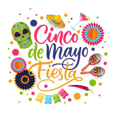 Cinco de Mayo Fiesta el yazısı harfleri ve beyaz arka planda izole edilmiş Meksika ulusal sembolleri çizdi. Tebrik kartı, afiş ya da poster tasarımı şablonu. Vektör çizgi film illüstrasyonu