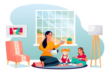 Mutlu anne ve kız bebeklerle oynuyor. Anne ve küçük kız çocuk odasında oturup oyuncak oynuyorlar. Vektör karakterler çizimi. Aile eğlencesi yaşam tarzı ve evde zaman.