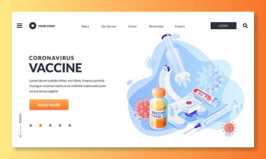 Covid-19 aşısının laboratuvar araştırması. Coronavirus aşısı konsepti. Laboratuvar ekipmanlarının vektör 3 boyutlu izometrik çizimi. Medicament ampul, mikroskop, kan testi ve şırınga simgeleri