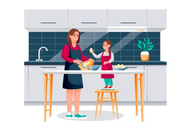 Mutfakta kahvaltı hazırlayan mutlu anne ve kız. Anne ve küçük kız pişiriyor, para kazanıyor. Vektör karakterler çizimi. Aile eğlencesi yaşam tarzı ve evde zaman.