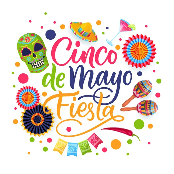 Cinco Mayo Fiesta Dibujó Mano Letras Caligráficas Símbolos Nacionales Mexicanos — Vector de stock