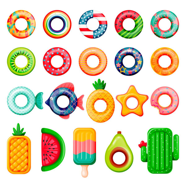 Pool inflatable rings and matress set. Boys, girls floating funny toys. Vector illustration. Summer beach kids leisure elements. Fish, donut, usa flag, cactus, watermelon isolated on white background