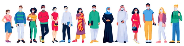 保護医療マスクの多民族の人々の群衆 ベクトルフラット漫画のキャラクターイラスト 世界的な流行の概念 アジア人 アフリカ人 アラビア人の男性 白人の背景に隔離された — ストックベクタ