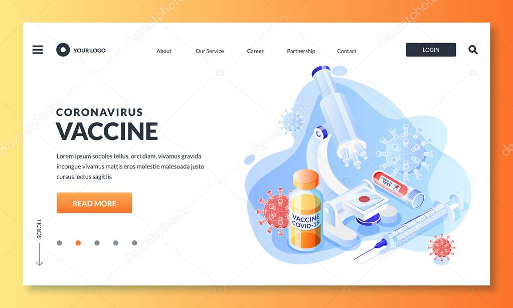 Lab research development of covid-19 vaccine. Coronavirus vaccination concept. Vector 3d isometric illustration of laboratory equipment. Medicament ampoule, microscope, blood test and syringe icons