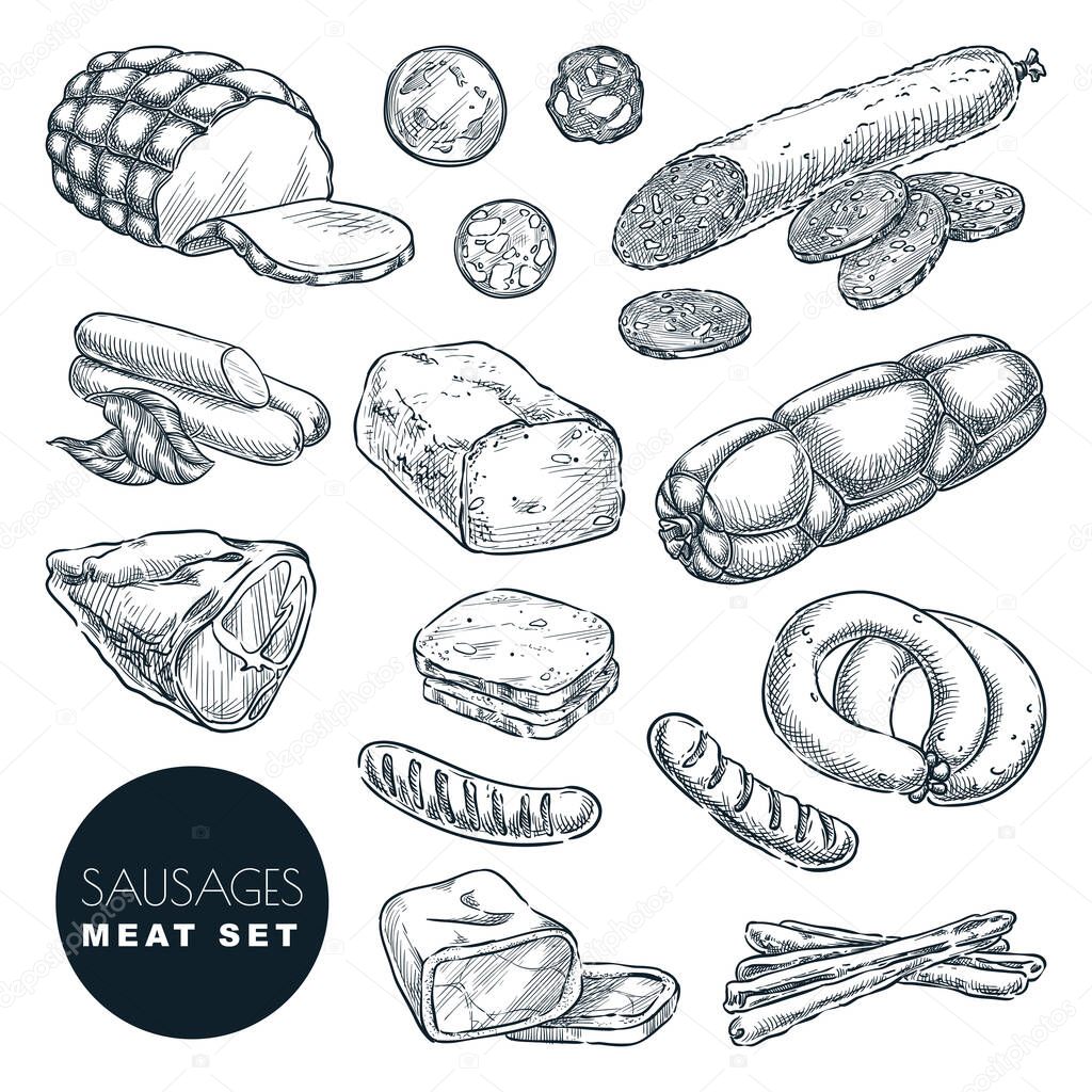 Fresh meat products collection, isolated on white background. Sketch vector illustration. Food isolated design elements. Pieces of salami, turkey ham, sausages, bacon and homemade meatloaf