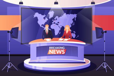 Son dakika haberleri, vektör illüstrasyonu. Erkek ve kadın medya yayıncıları televizyon stüdyosunda konuşuyor. Profesyonel spiker karakterleri. Canlı etkinlikler, röportaj ve eğlence konsepti.