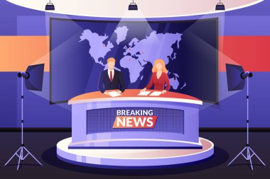 TV breaking news broadcasting, vector illustration. Man and woman media broadcasters talking in television studio. Professional anchormen characters. Live events, interview and entertainment concept. clipart