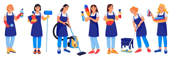 Equipo Servicio Limpieza Uniforme Aislado Sobre Fondo Blanco Ilustración Personajes — Vector de stock