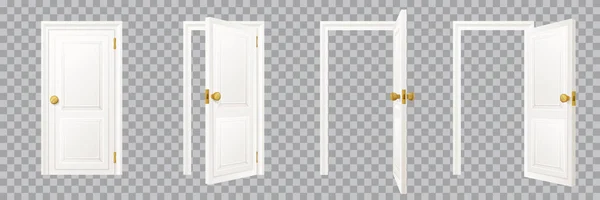 封闭和开放的经典木制白色室内门设置 隔离在透明的背景 现代家居或房间出入设计元素 矢量平面卡通画 — 图库矢量图片