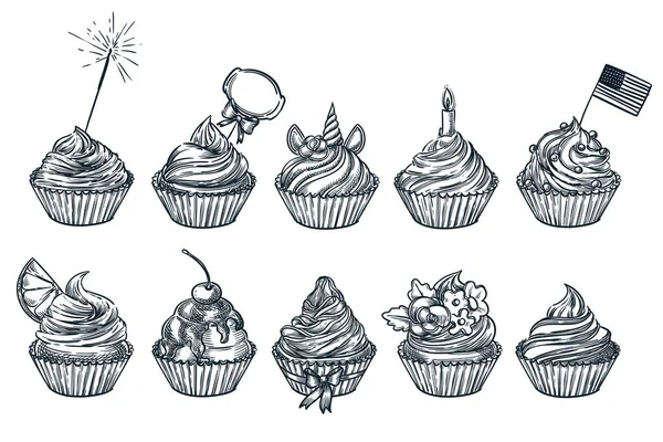 Cupcake Set Dessert Muffin Isolato Sfondo Bianco Illustrazione Del Cibo — Vettoriale Stock