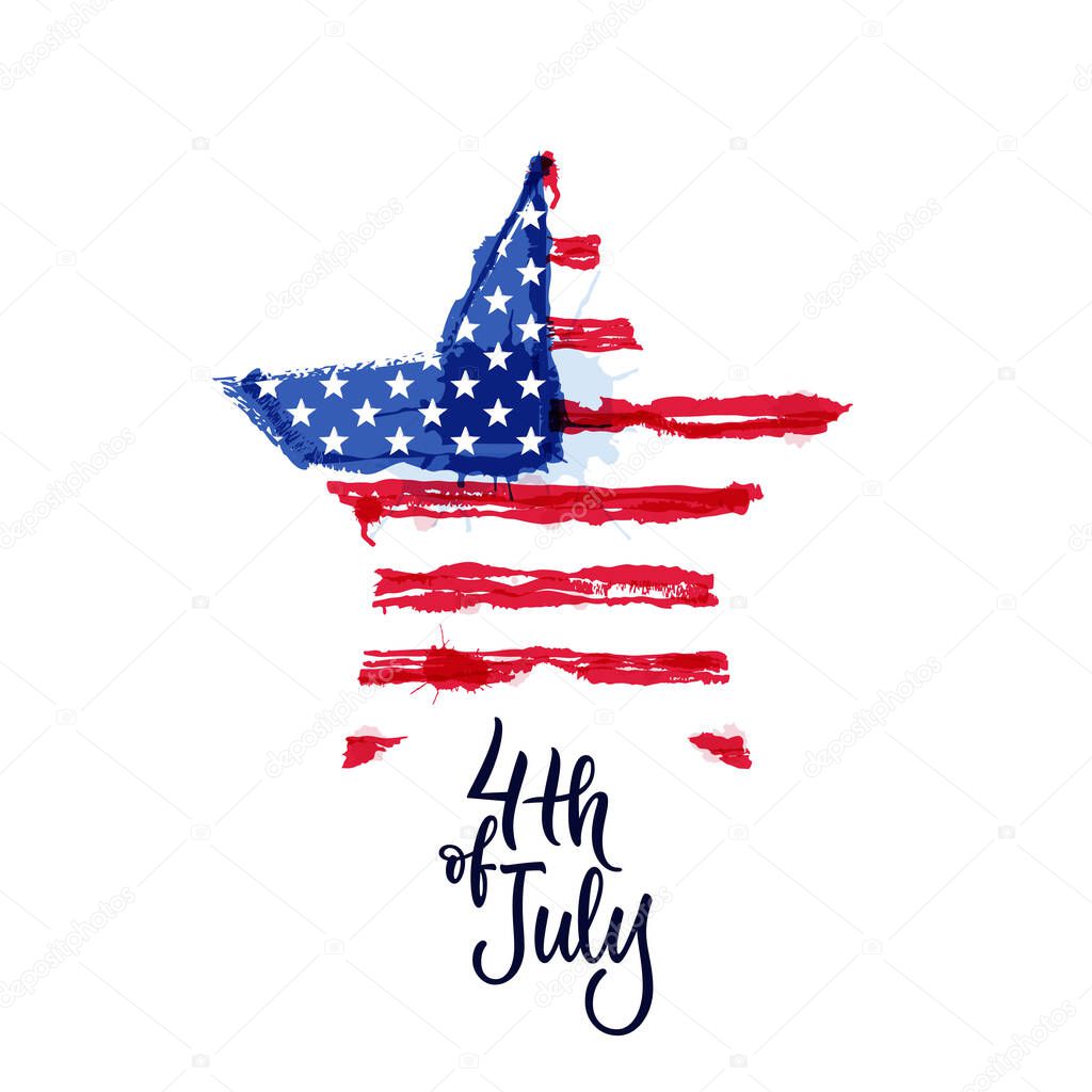 Happy 4th of July, USA Independence Day. Vector illustration. Hand drawn calligraphy lettering and american watercolor flag in star shape. Holiday print, banner, poster, greeting card design elements