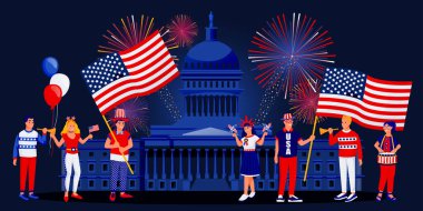 Vatansever kostümlü mutlu insanlar Capitol 'ün arka planına karşı. 4 Temmuz 'u kutluyoruz, ABD Bağımsızlık Günü. Vektör çizgi film karakterleri çizimi. Tatil partisi tasarım ögeleri