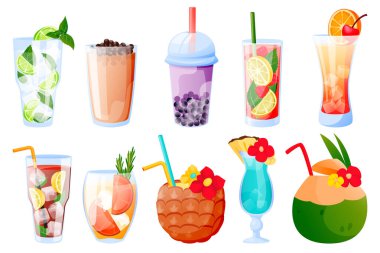 Beyaz arka planda izole edilmiş tropikal içecekler koleksiyonu. Vektör karikatür çizimi. Köpüklü çay, limonata, alkol ve alkolsüz kokteyl bardakları. Plaj çubuğu tasarım ögeleri ayarlandı